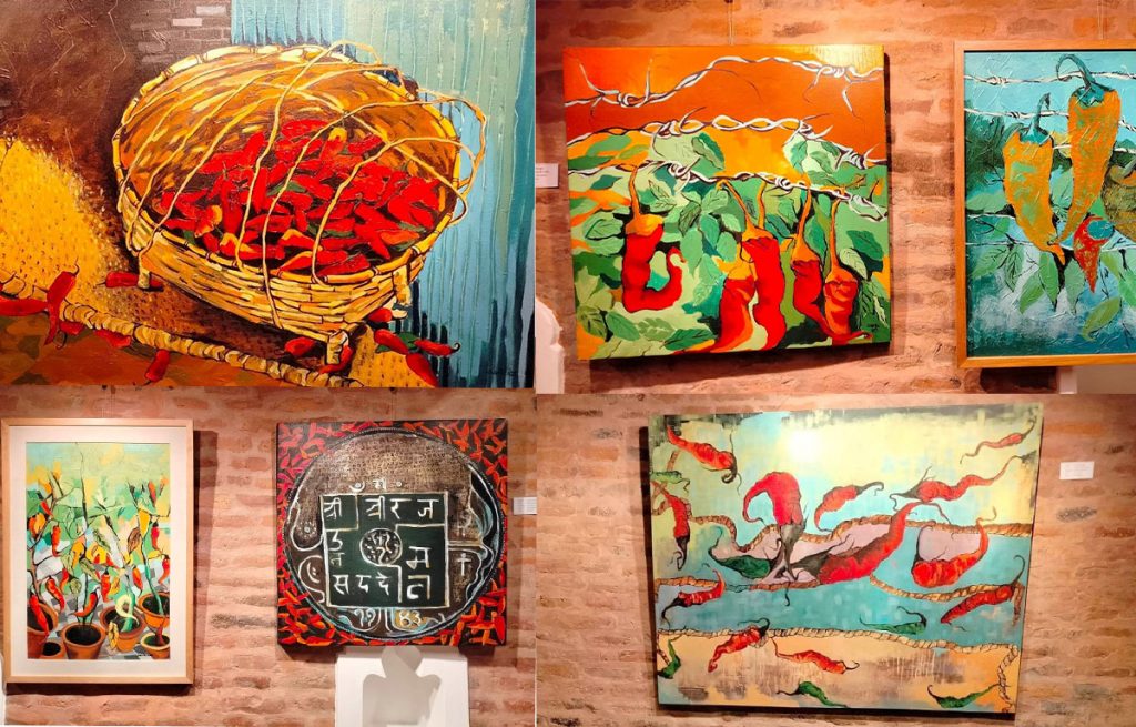 Paintings by visual artist Sarita Dongol in exhibition 'An Odyssey with Chilli’ at Newa Chen Gallery, Patan.