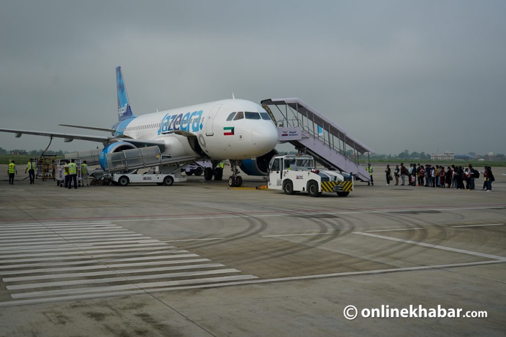 File: A Jazeera Airways aircraft at the Gautam Buddha International Airport (Bhairahawa airport)