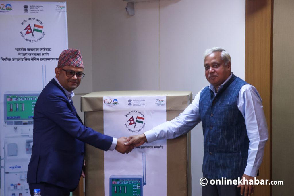 Indian Ambassador Naveen Srivastava hands over 200 kidney dialysis machines to Health and Population Minister Padam Giri, in Kathmandu, on Monday, February 20, 2023. Photo: Aryan Dhimal
