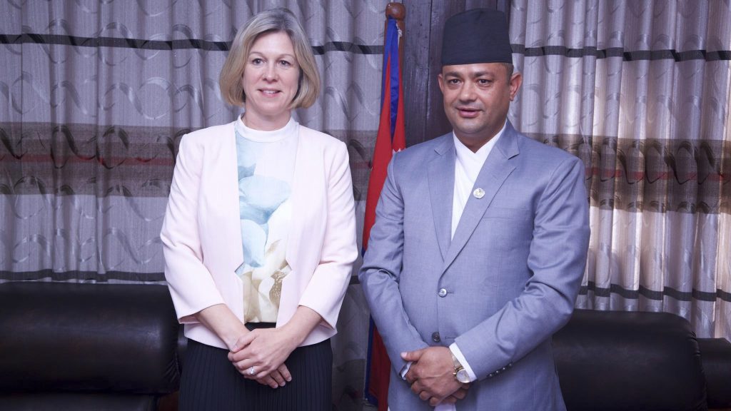 British Ambassador to Nepal Nicola Pollitt and Health and Population Minister Padam Giri pose for a photo after a meeting, in Kathmandu, on Friday, February 3, 2023. Photo: Shreedhar Poudel 