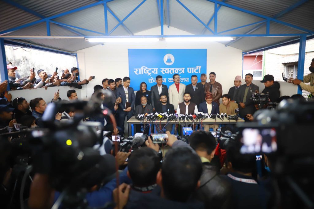 Rastriya Swatantra Party president Rabi Lamichhane speaks at a press meet in Kathmandu, on Sunday, February 5, 2023. Photo: Aryan Dhimal