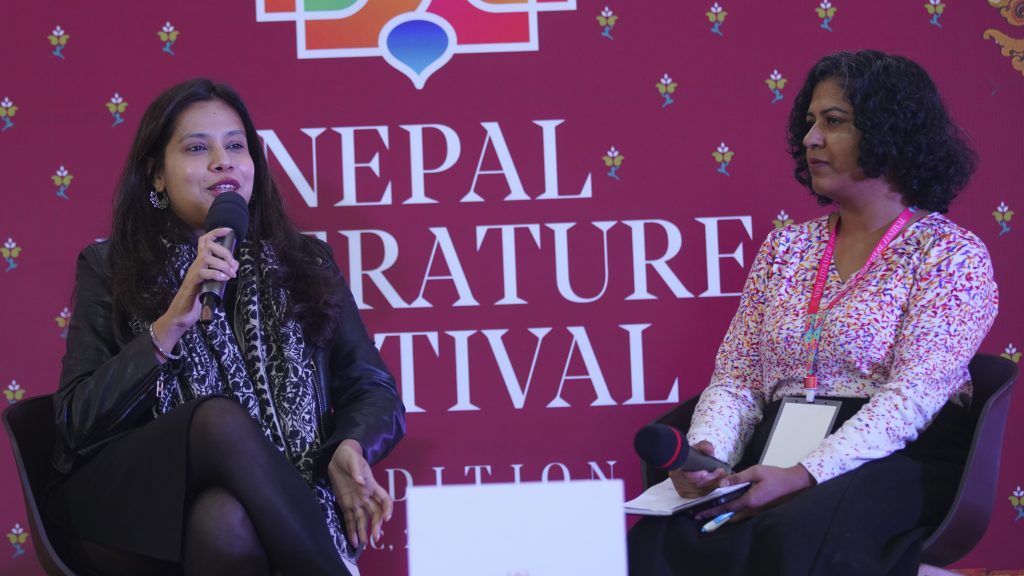 Shrayana Bhattacharya in conversation with Sewa Bhattarai during Nepal Literature Festival in Pokhara, in December 2022. Photo: Nepal Literature Festival