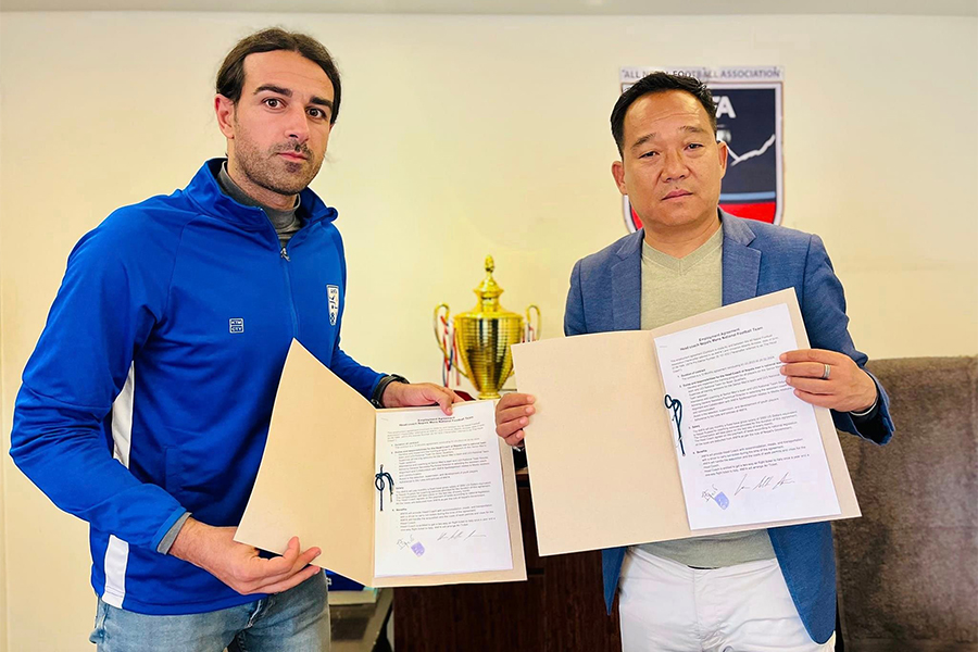 Nepal football governing body, ANFA, signs a one-year contract with new coach Vincenzo Alberto Annese, in Kathmandu, on Sunday, March 12, 2023. 