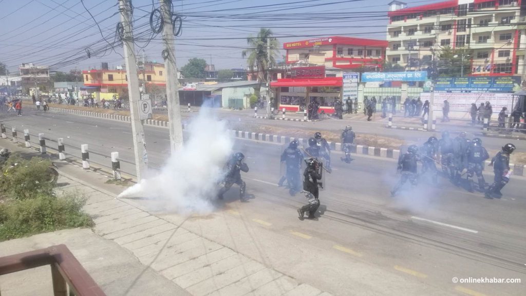 A clash between the police and demonstrators protesting against the Koshi naming of the province, in Biratnagar, on Tuesday, March 28, 2023. Photo: Hari Adhikari