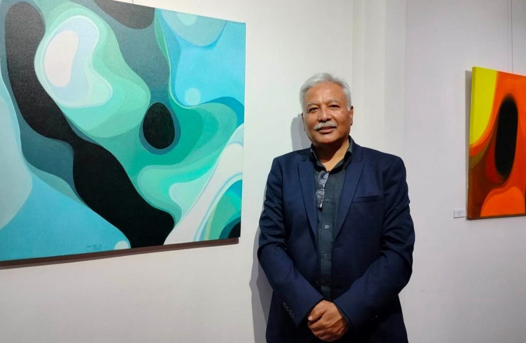 Artist Sunil Ranjit in his solo exhibition Color contemplation-I at Dalai-La Art gallery, Thamel.
