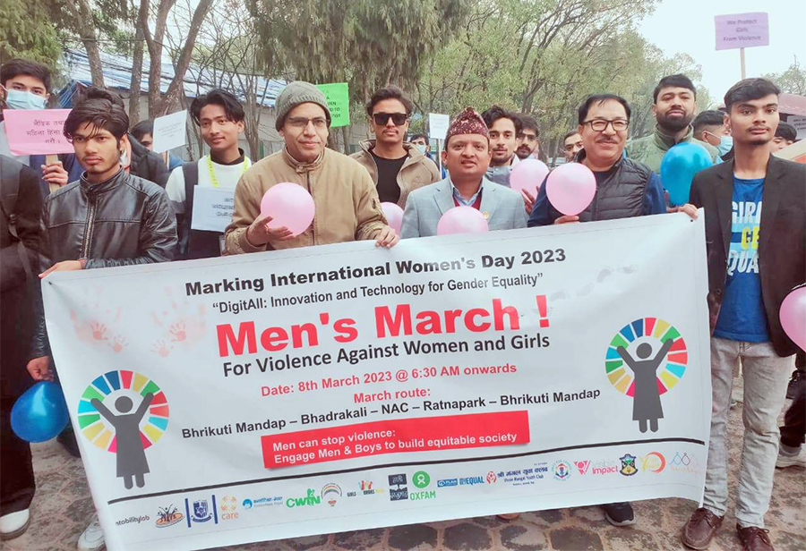 Men stage a rally (men's march) to express their solidarity for women’s rights, on the occasion of International Women’s Day, in Kathmandu, on Wednesday, March 8, 2023.