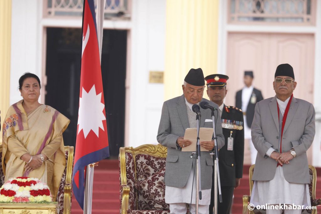 President Ram Chandra Paudel (centre) takes oath of office at Sheetal Niwas on March 13, 2023. Photo: Bikash Shrestha