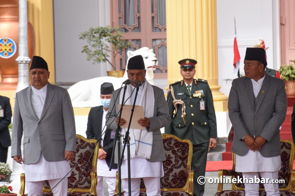 Vice President Ram Sahaya Prasad Yadav takes the oath of office in Kathmandu, on Monday, March 20, 2023. Photo: Chandra Bahadur Ale