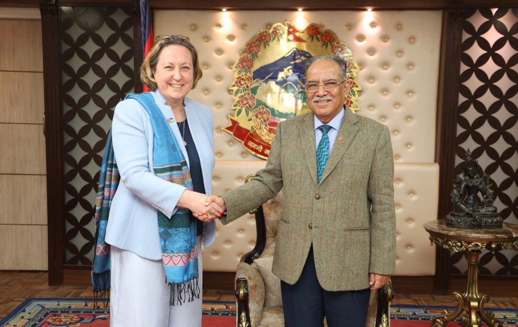 Anne-Marie Trevelyan, the Indo-Pacific minister of state at the United Kingdom Foreign, Commonwealth and Development Office, meets Prime Minister Pushpa Kamal Dahal, in Kathmandu, on Friday, March 10, 2023. Photo: PMO/Twitter 