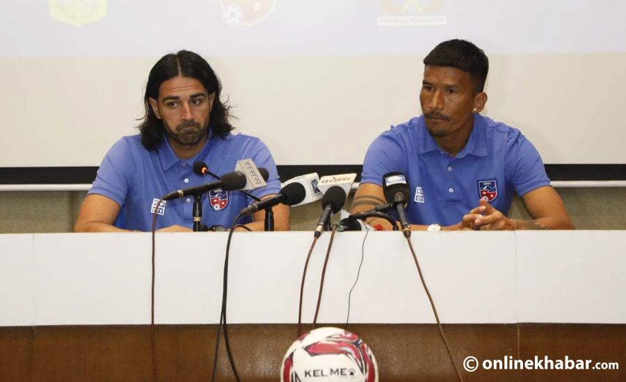 Nepal football coach Vincenzo Alberto Annese and captain Kiran Kumar Limbu speak at the pre-match conference of the Prime Minister Three Nations Cup, in Kathmandu, on Tuesday, March 21, 2023. Photo: Bikash Shrestha the FIFA World Cup qualifiers.