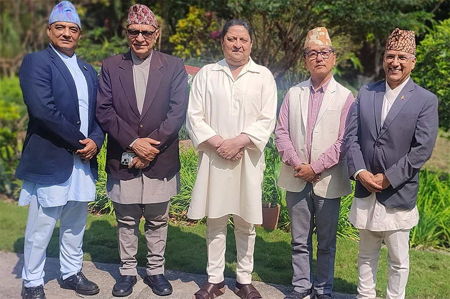 Former king Gyanendra Shah with top leaders of the Rastriya Prajatantra Party, in Jhapa, on Wednesday, March 22, 2023. Photo: Dhawal Shamsher Rana/Facebook
