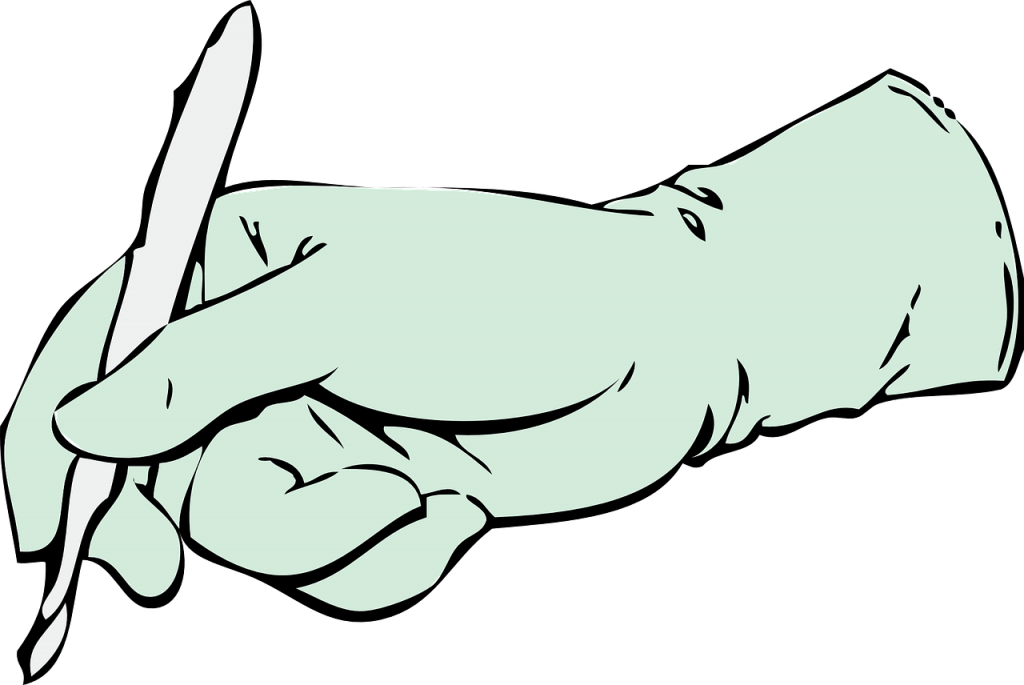 hand with gloves and scalpel