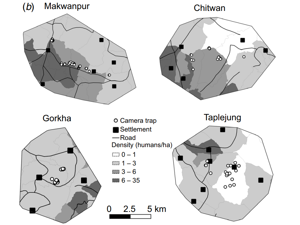 local map of cameras installed in nepali districts to increase pangolin conservation and monitoring