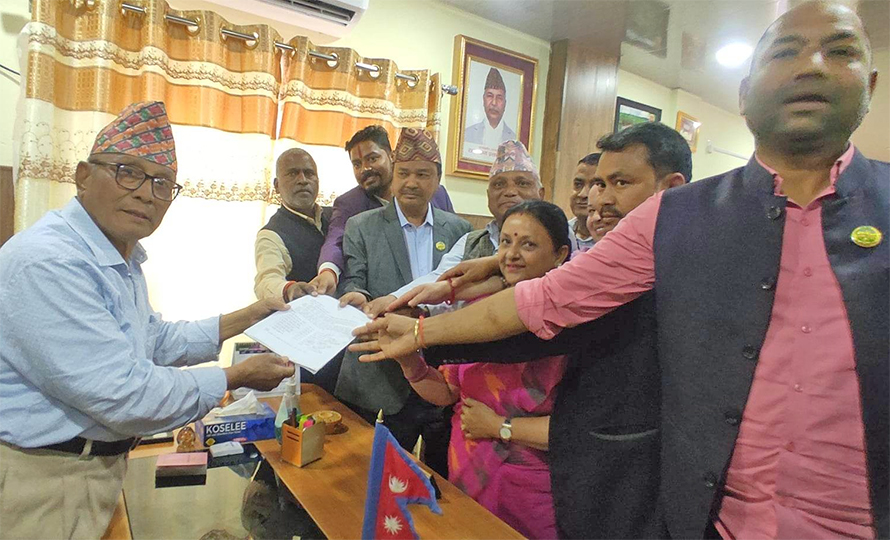 Constituents of the ruling alliance submit an application to Lumbini Province Chief Amit Sherchan, demanding the appointment of a new chief minister in the province, in Butwal, on Sunday, March 26, 2023. 