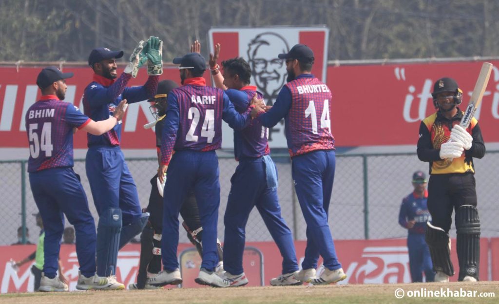 Nepal cricket team celebrate after an easy win over Papua New Guinea during a match held under the ICC Men's Cricket World Cup League 2 in Kathmandu, on Monday, March 13, 2023. Photo: Chandra Bahadur Ale