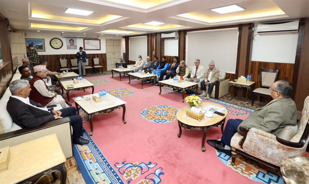 A meeting of the ruling alliance to discuss its vice presidential election candidate in Kathmandu on Saturday, March 11, 2023. 