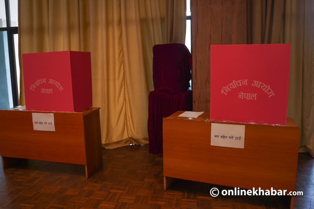 Voting booths are set up for the Nepal presidential election to be held on March 9, 2023. Photo: Chandra Bahadur Ale