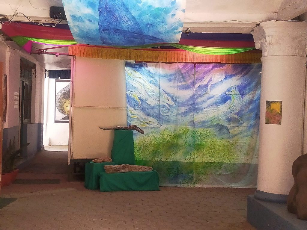 Artworks on display at Sirjana College of Fine Arts, Uttar Dhoka, Kathmandu, during the Peace Travelling Canvases campaign in April 2023. Photo: Sangita Shrestha