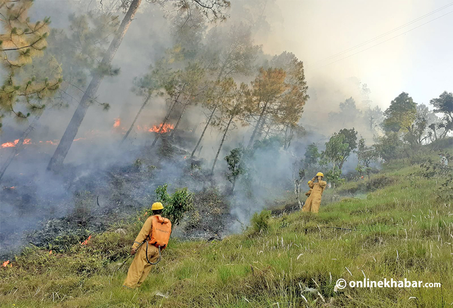 Firefighters trying to contain a forest fire, in Gulmi, in April 2023.