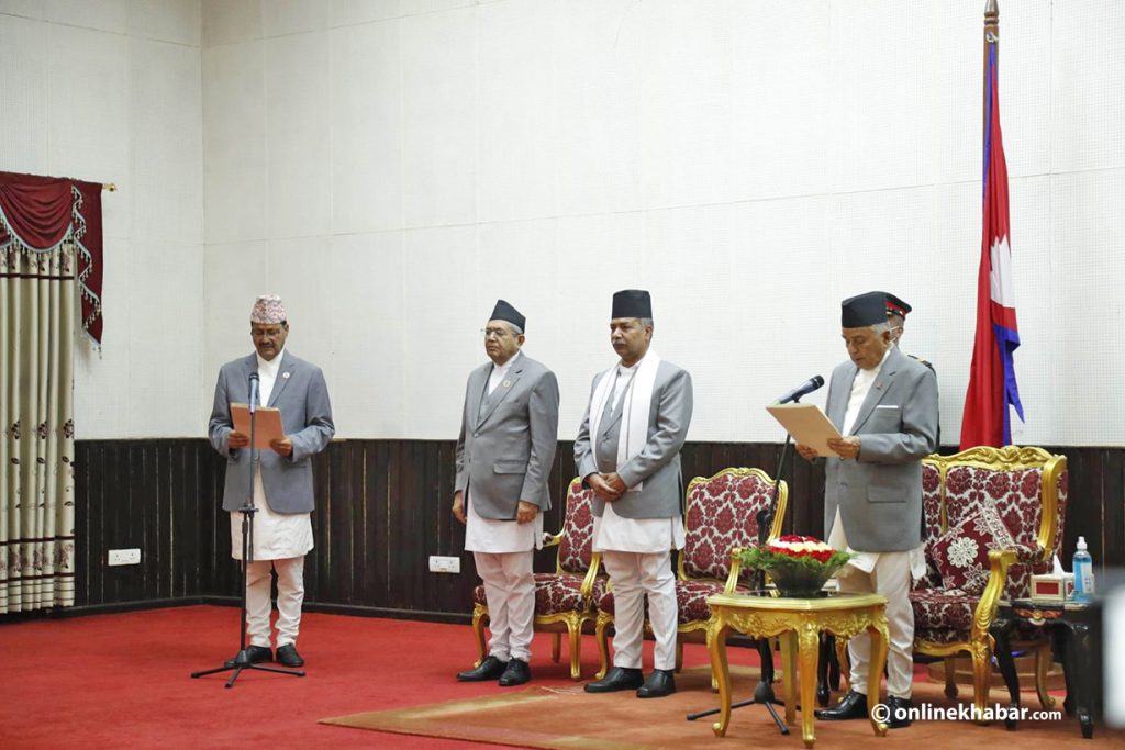 Foreign Affairs Minister Narayan Prakash Saud (NP Saud) takes the oath of office and secrecy, in Kathmandu, on Sunday, April 16, 2023. Photo: Bikash Shrestha