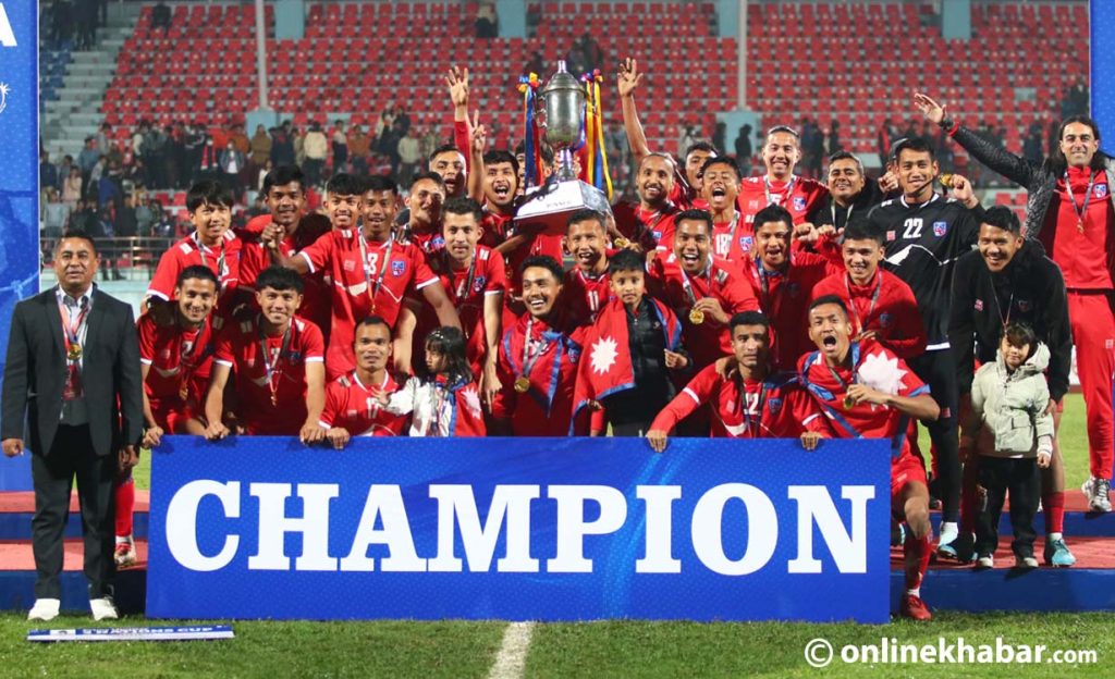 Nepal football team celebrate with the Prime Minister's Three Nations Cup at Dashrath Stadium on March 31, 2023. Photo: Chandra Bahadur Ale

Nepal men's football team