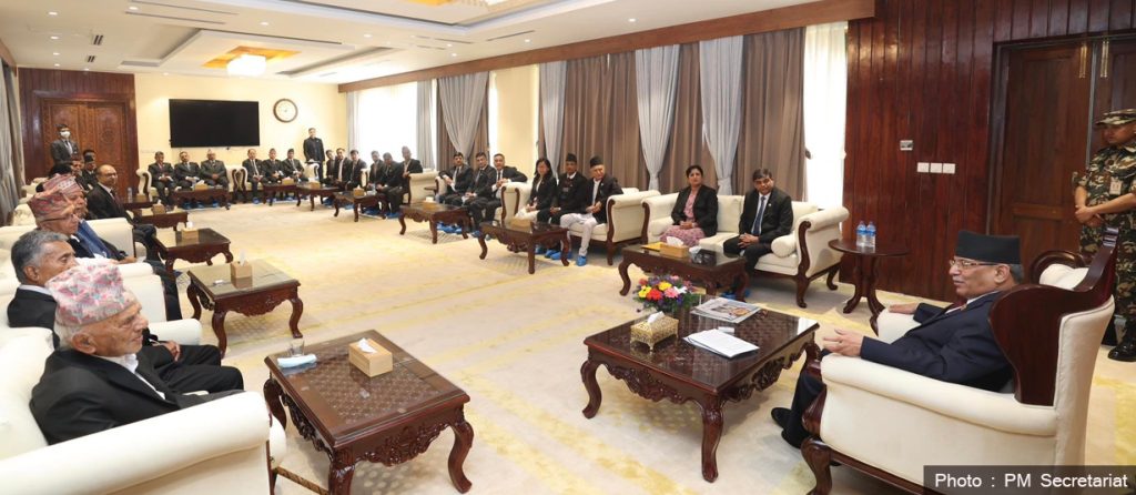 A Nepal Bar Association team meets Prime Minister Pushpa Kamal Dahal urging him for the speedy chief justice appointment process, in Kathmandu, on Thursday, April 13, 2023. 