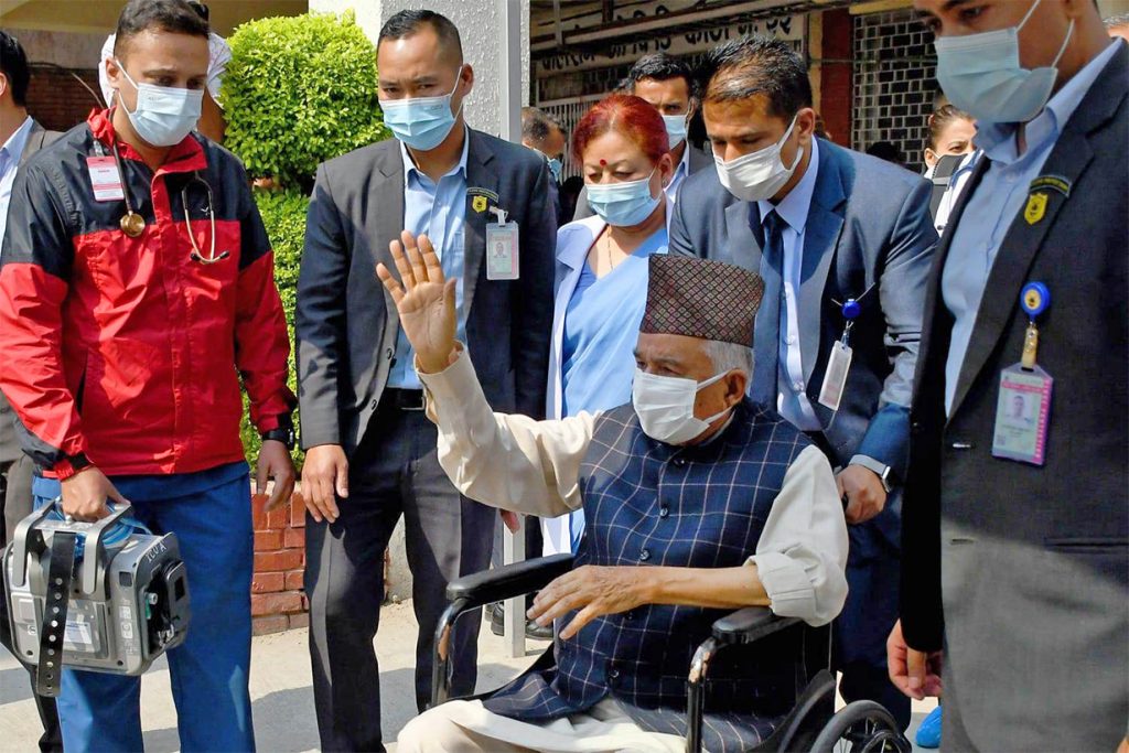 Nepal President Ram Chandra Paudel is being prepared to be taken to New Delhi for medical treatment, in Kathmandu, on Wednesday, April 19, 2023. 