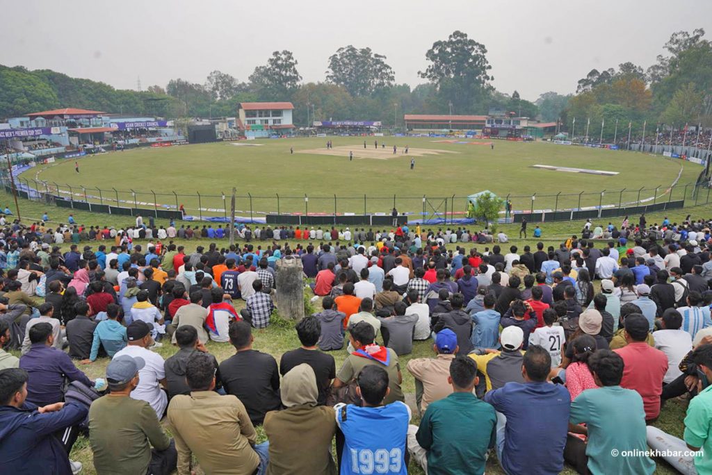 Fans gather to watch the semifinal between Nepal and Kuwait during the ACC Men's Premier Cup, in Kathmandu, on Saturday, April 29, 2023. Photo: Shankar Giri T20 World Cup Qualifier