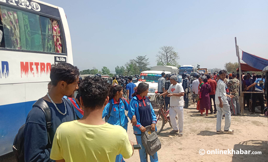 Locals obstruct the East-West Highway in Attariya of Kailali, protesting doctors' negligence in a new mother's treatment, in April 2023. 