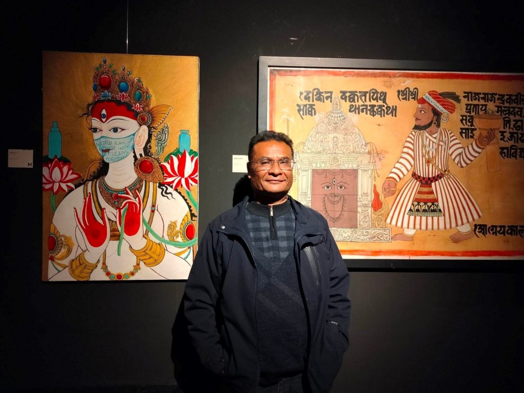Veteran traditional artist Lok Chitrakar at his solo exhibition at MoNA, Thamel, Kathmandu. 