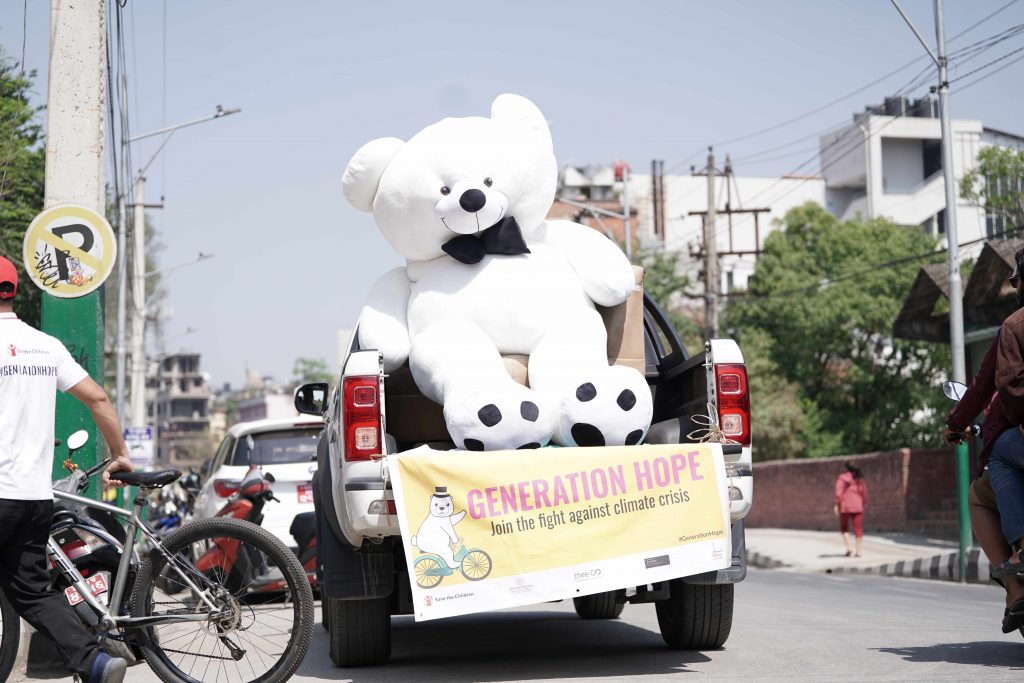 Save the Children launches Sathi: The Air Bear campaign to stress awareness about the impact of rising air pollution on children, in Kathmandu, on Saturday, April 22, 2023. Photo: Save the Children Nepal