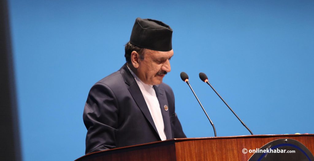 Finance Minister Prakash Sharan Mahat presents the Nepal budget 2023/24 in a joint meeting of the House of Representatives and the National Assembly in Kathmandu, on Monday, May 29, 2023.   