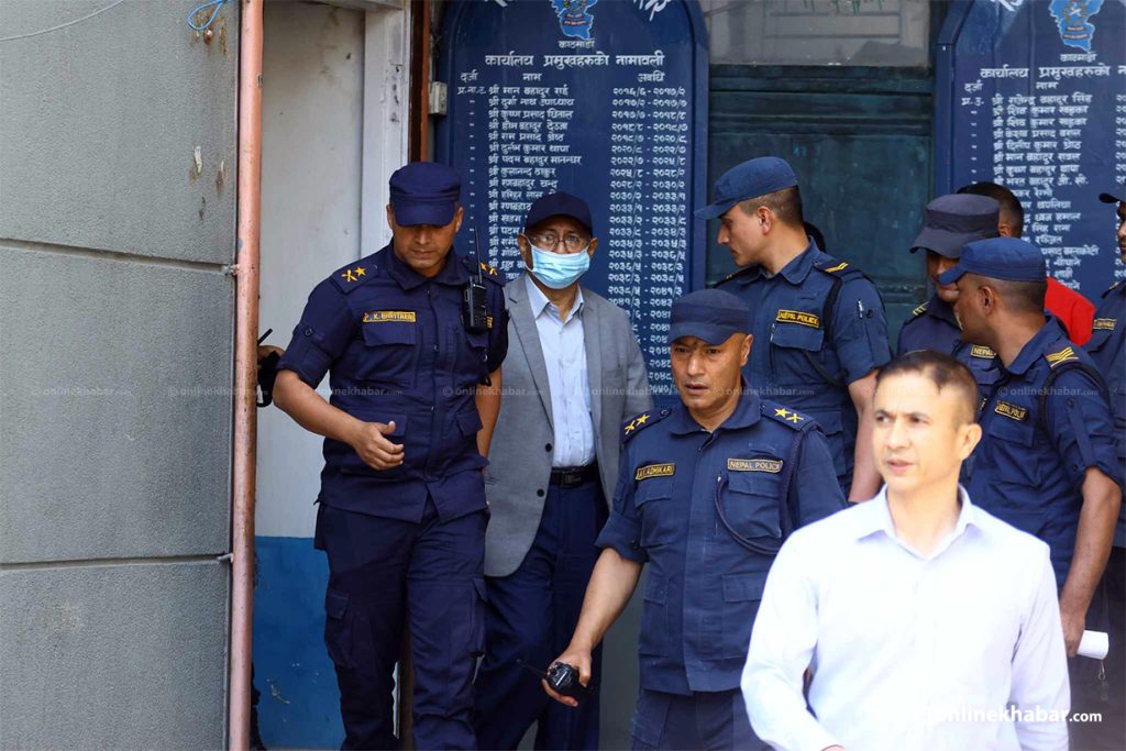 Police take former Home Minister Bal Krishna Khand to the Kathmandu District Court after his arrest for his alleged involvement in the production of fake Bhutanese refugee identification documents, in Kathmandu, on Wednesday, May 10, 2023. Photo: Aryan Dhimal