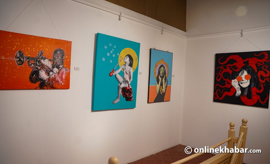 Contemporary paintings at the exhibition, From Bhaktapur to Kantipur, at Siddhartha Art Gallery, Babermahal, Kathmandu. Photo: Chandra Ale