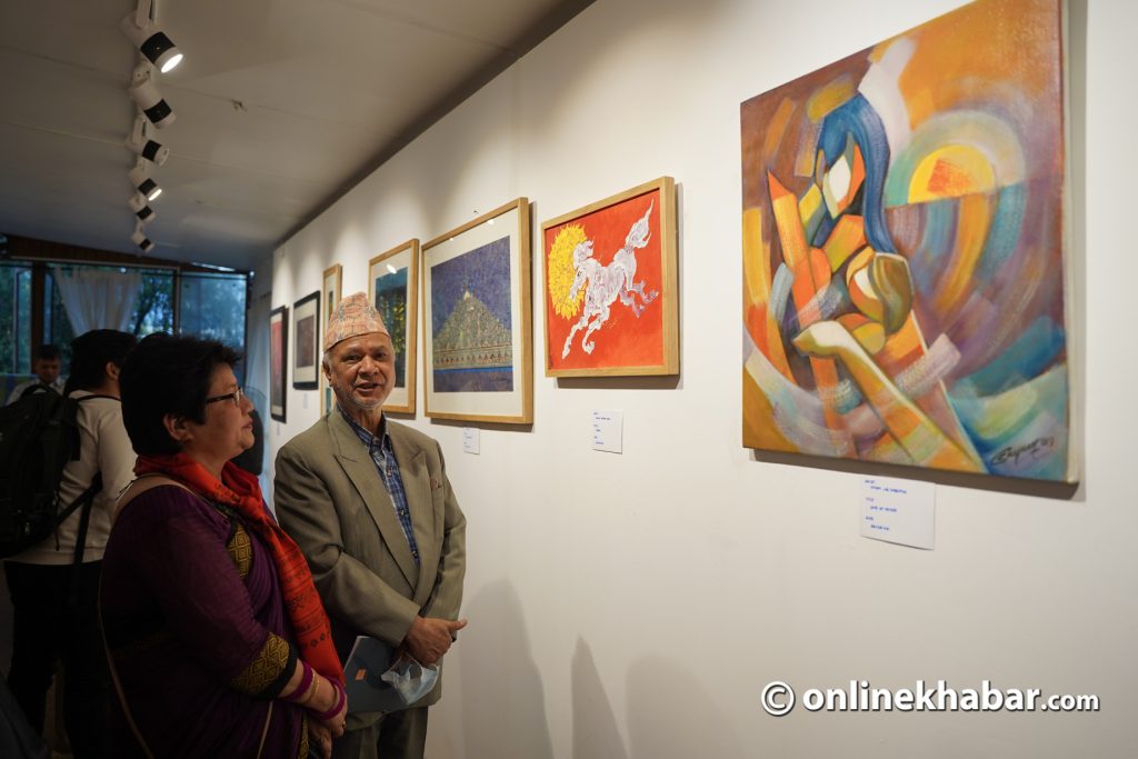 Artists and visitors at the opening day of the exhibition, Under the Full Moon: The 3 Gen, at Windhorse Gallery, Jhamsikhel. Photo: Chandra Bahadur Ale