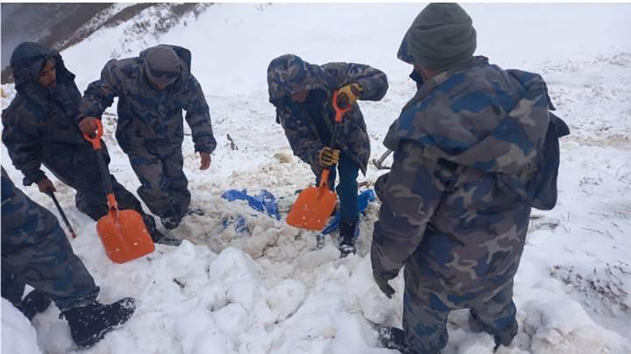 Armed Police Force personnel during a search mission of the yarsagumba pickers missing in Byas in the Darchula district of Sudurpaschim, in May 2023.  