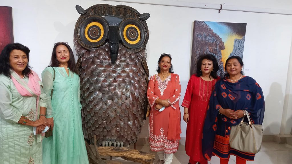 A bigger-than-life-size sculpture of an owl by Sharada Man Shrestha at exhibition Sirjana-2023 at Nepal Academy of Fine Arts. Photo Devina Amatya Malla
