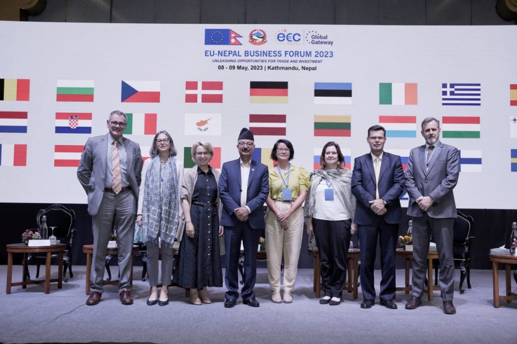 Industry, Commerce and Supplies Minister Ramesh Rijal poses for a photo with diplomats from the EU and its member states, during the closing session of the first EU-Nepal Business Forum, in Kathmandu, on Tuesday, May 9, 2023. Photo: EU Delegation in Nepal

Nepal's graduation from the LDC status