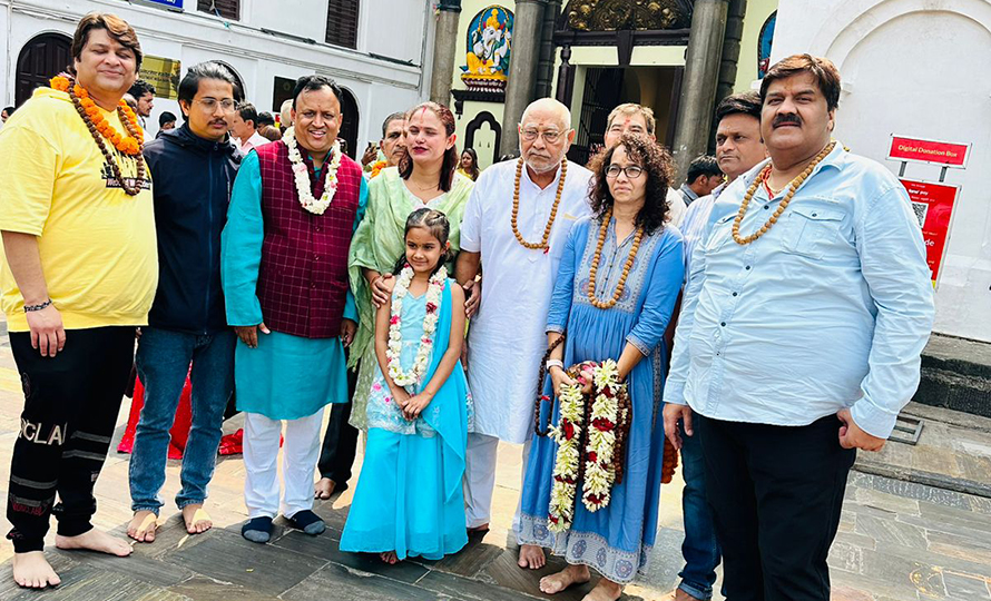 Prahlad Modi and his team during a visit to the Pashupatinath temple in Kathmandu, in May 2023