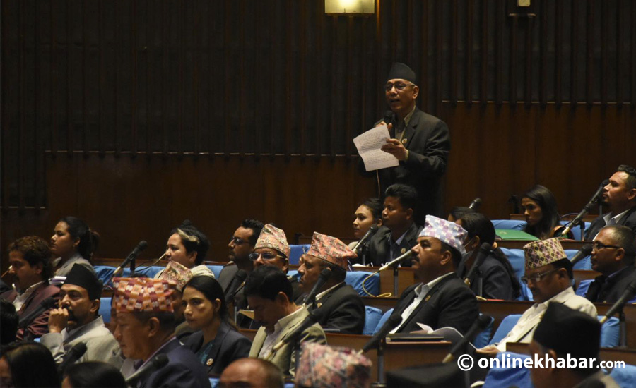 Nepal Workers and Peasants Party lawmaker Prem Suwal speaks in the House of Representatives on Sunday, May 7, 2023, the first day of the new session. Photo: Chandra Bahadur Ale