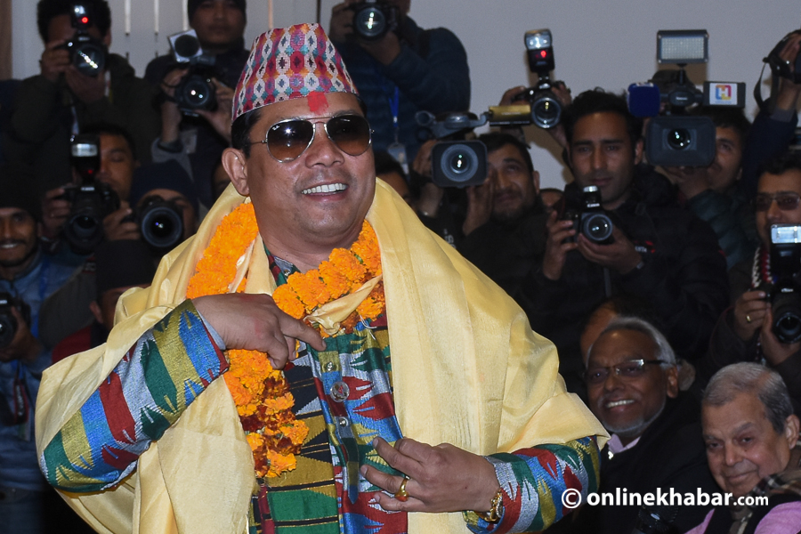 File: Controversial politician Resham Chaudhary prepares to take the oath as a lawmaker, in Kathmandu, on Thursday, January 3, 2019.