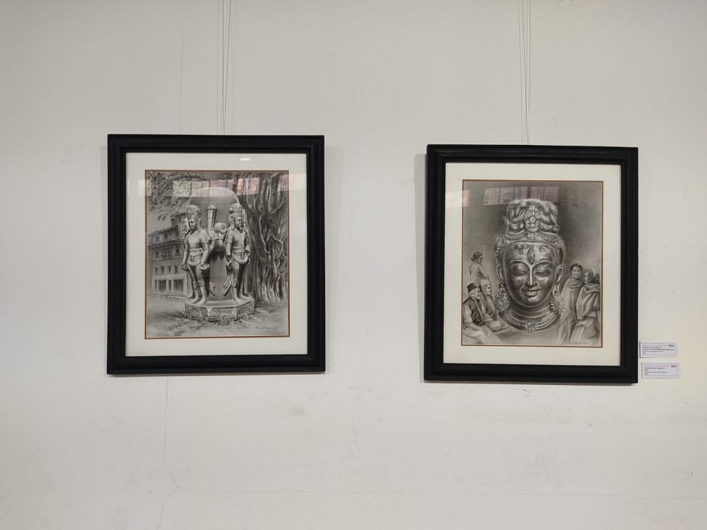 Drawings using charcoal by Krishna Gopal Shrestha at the Sirjana-2023 exhibition at Nepal Academy of Fine Arts, Naxal. Photo Rudrakshya Man Pradhan