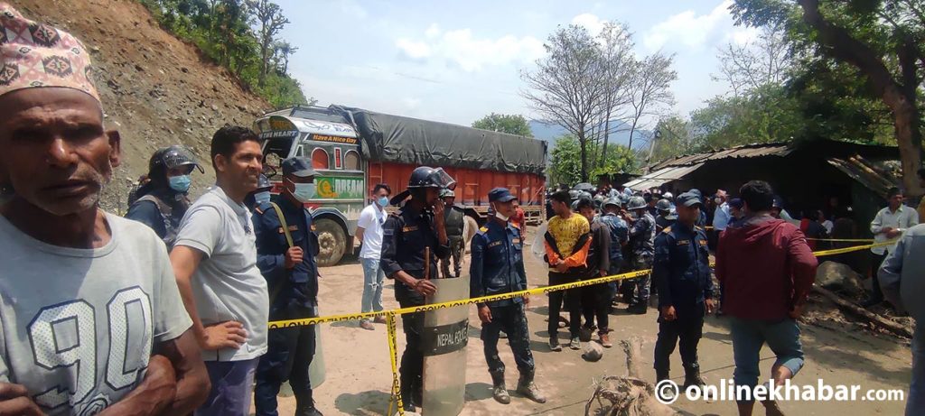 A truck hits a roadside house in Andhikhola of Tanahun, on Wednesday, May 3, 2023. 