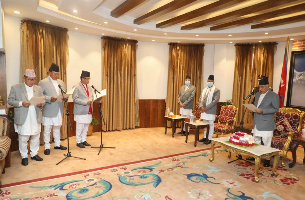 Three new ministers take the oath of office and secrecy from President Ram Chandra Paudel, in Kathmandu, on Thursday, May 4, 2023. 