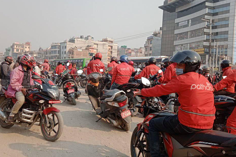 Pathao riders on the road in Kathmandu.