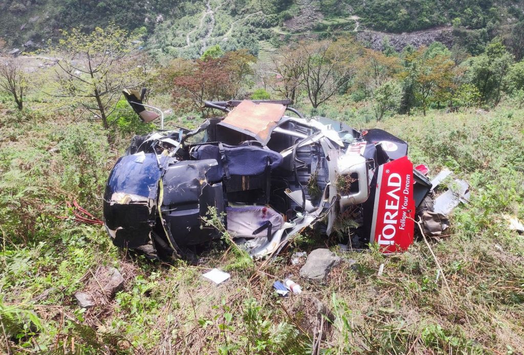 A Simrik Air helicopter crashes in Bhotkhola of Sankhuwasabha on May 5, 2023. Photo: Wang Bhote