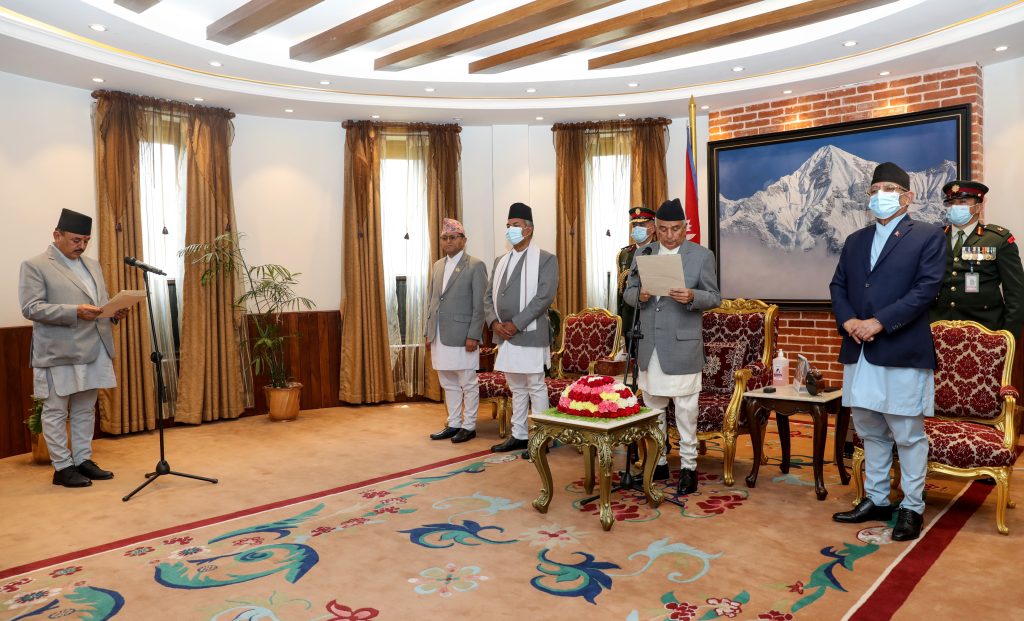 Newly appointed Children, Women and Senior Citizens Minister Surendra Raj Acharya takes oath of office in Kathmandu, on Sunday, May 7, 2023.  