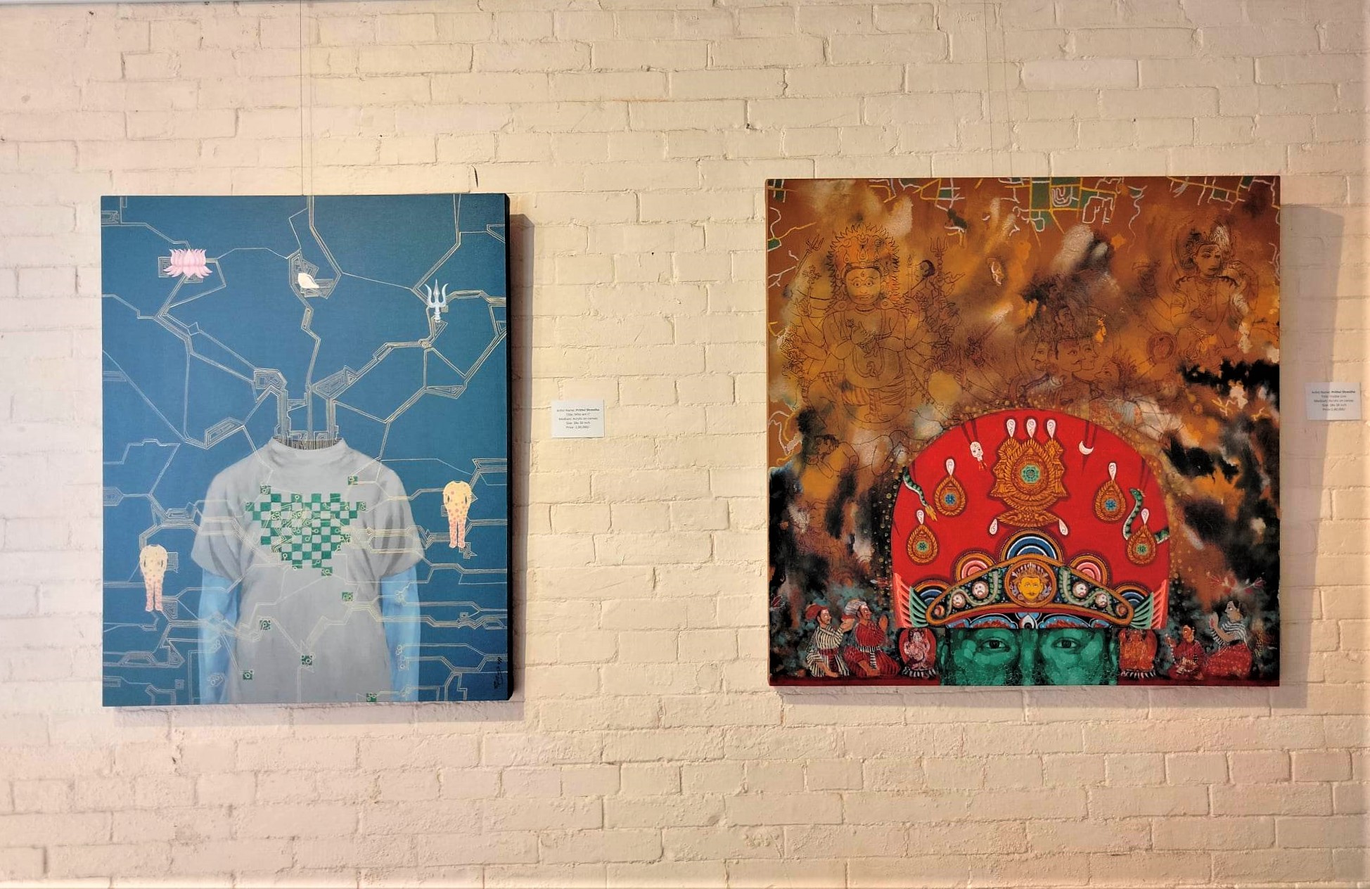 Nepali artist Prithivi Shrestha paintings at Prints by Nepali artist Samjhana Rajbhandari at Installation artworks at  Living with Arts in Nepal at Taragaon Museum, Bouddha.