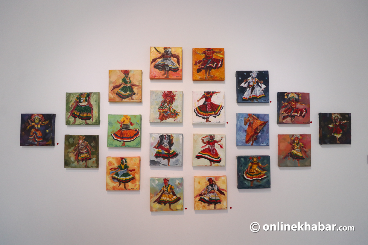 Paintings by artist Shrestha at a group exhibition Jatra at Kalashala, Sanepa.