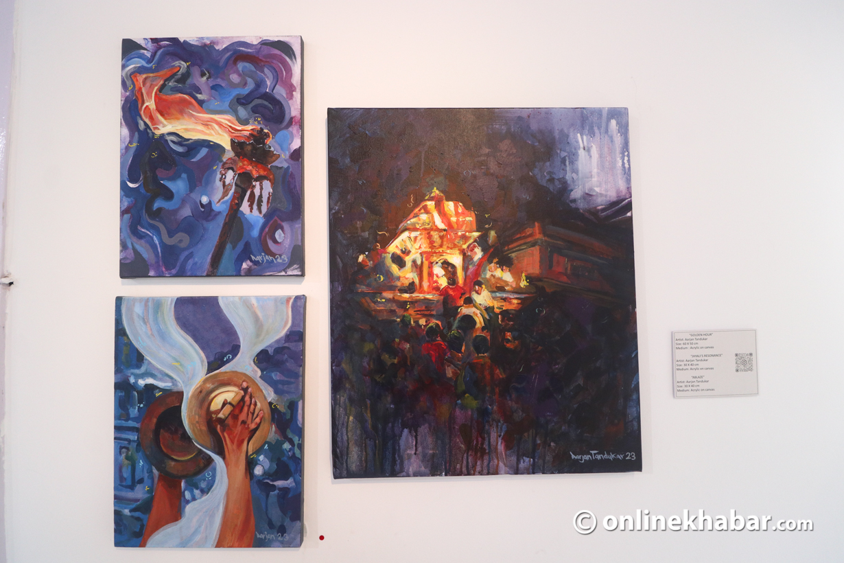 Paintings by artist Shrestha at a group exhibition Jatra at Kalashala, Sanepa. Photo: Aryan Dhimal